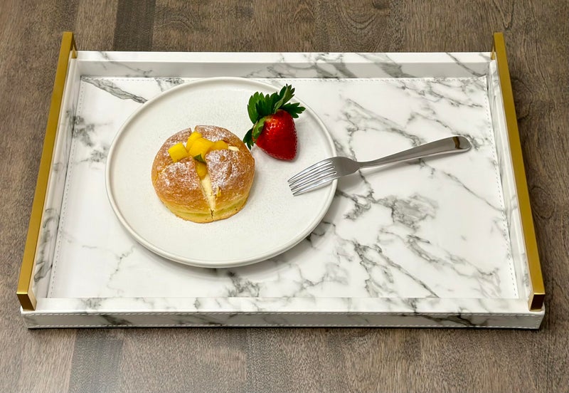 WV 17.8 * 11.8" White PU Leather Marble Finish Decorative Tray Serving Tray with Brushed Gold Handle for Coffee Table, Console Table, Ottoman - Image 2